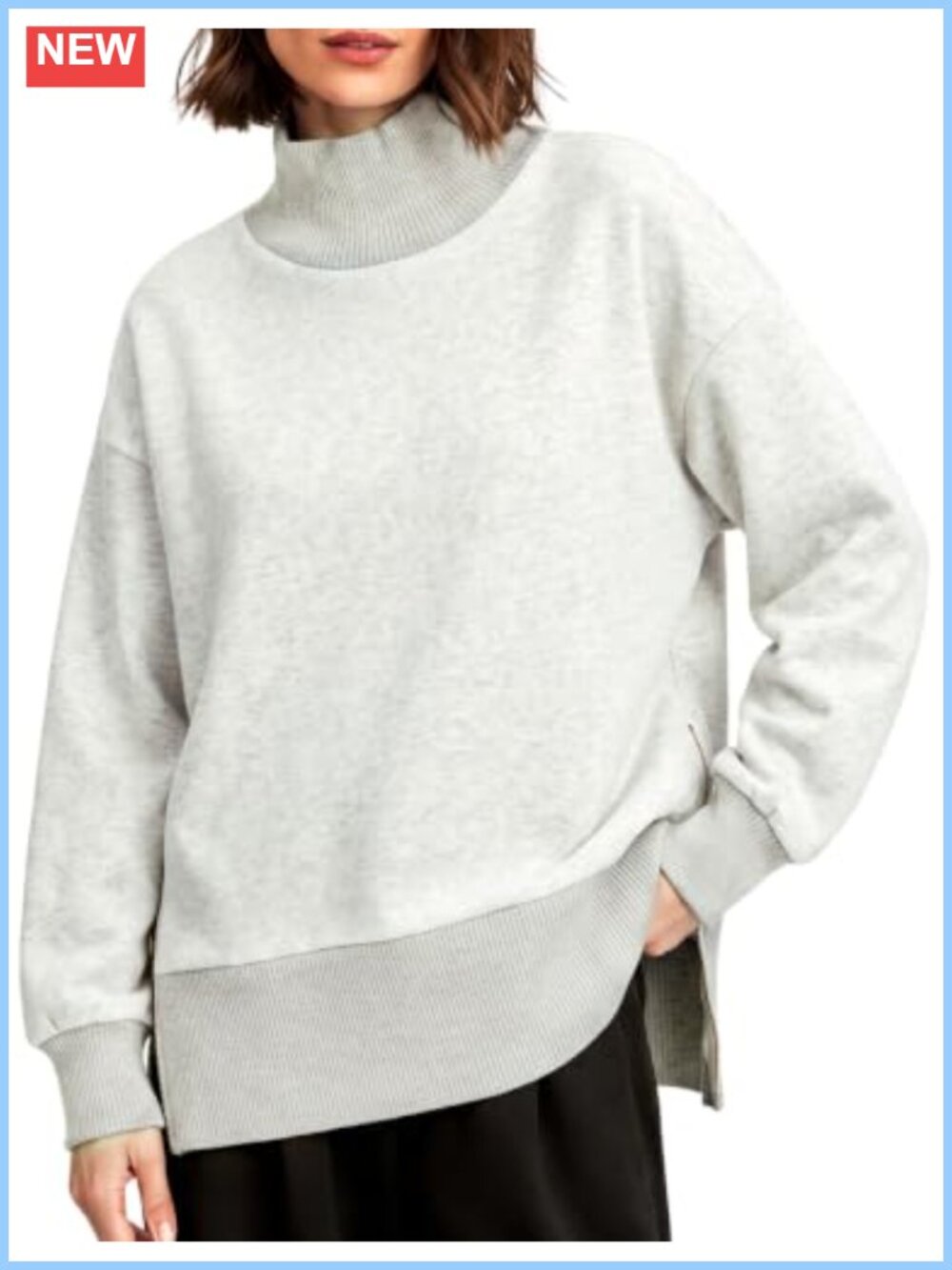 Oversized Mock Neck Fleece Pullover Sweatshirt Side Zip Long Sleeve